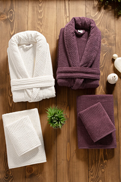 Mürdüm Home Sare 6 Parça Aile Bornoz Takımı - %100 Pamuk, Lüks, Jakarlı Bornoz Seti, Hediyelik, Çeyizlik