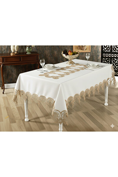 Finezza Elena Luxury Lace Glitter Linen Fabric Cream Tablecloth 160X220 Cm-1461