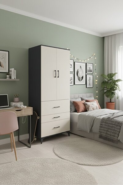 Malimah Mobilya Arges Serisi 3 Raflı 3 Çekmeceli 2 Kapaklı Gardırop Dolap 88x30x221 cm Antrasit Aytaşı Modüler Dolap