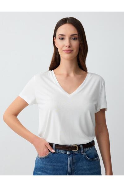 Jimmy Key Λευκό πλεκτό μπλουζάκι με κοντό μανίκι με λαιμόκοψη σε σχήμα V