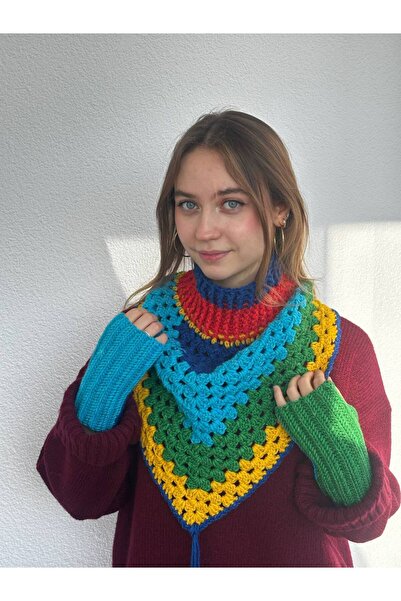 Nues Women's Handmade Knitted Neck Collar and Gloves 2-Piece Set