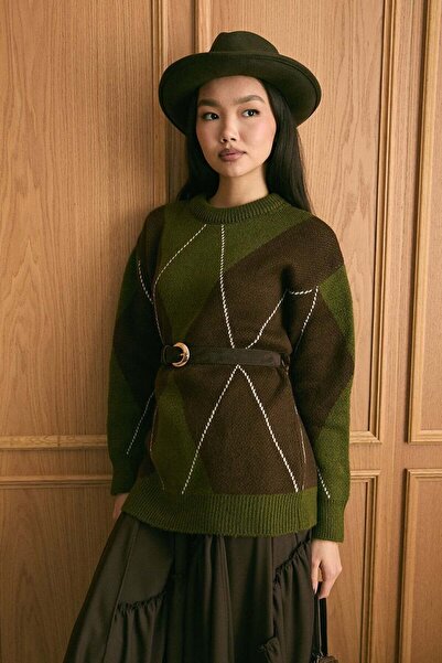 Ceylan Otantik Zeytin Yeşili Baklava Desen Triko Kazak