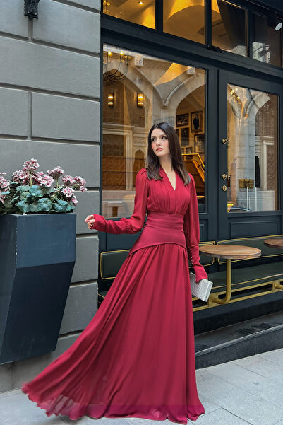 Klex فستان سهرة نسائي طويل الأكمام من الشيفون بحزام - أحمر - مقاس M