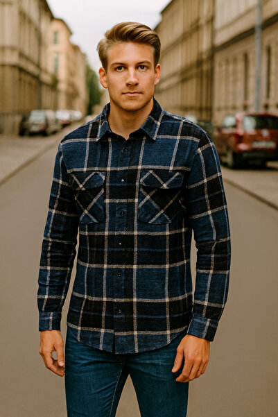 DYNAMO Men's Double Pocket Plaid Lumberjack Shirt Cotton Relaxed Fit