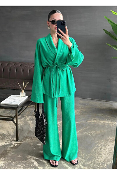 My Blog Green Shawl Collar Kimono Pants Set - 98655