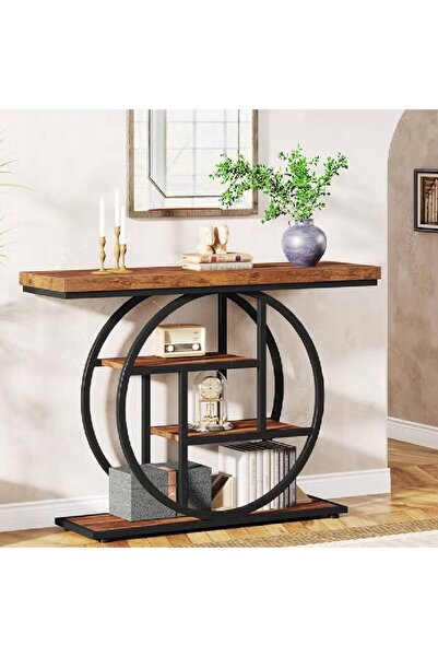 NKX طاولة جانبية بقاعدة دائرية من الخشب الضيق مع أرفف لغرفة المعيشة، لون بني