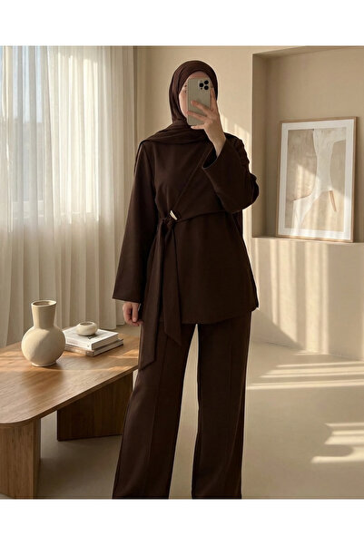 Modamorfo Double Scuba Suit with Buckle Cross-Tie and Slit Pants - Brown