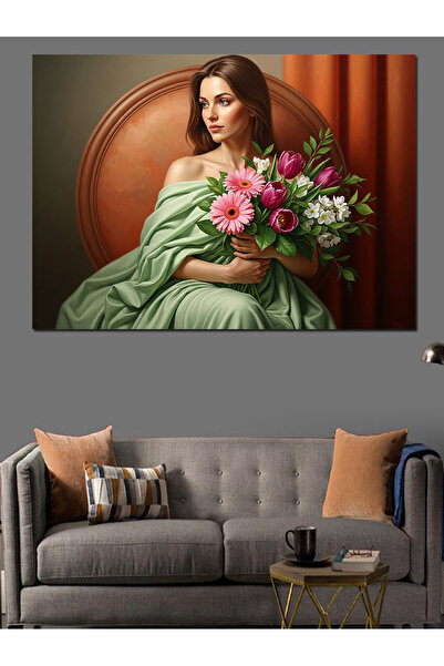 Artmeg Femeie ținând un buchet de trandafiri, pânză decorativă - Masă din lem...