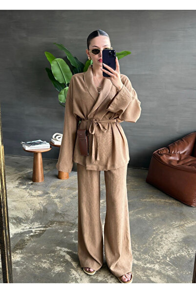 My Blog Milk Coffee Shawl Collar Kimono Pants Set - 98655