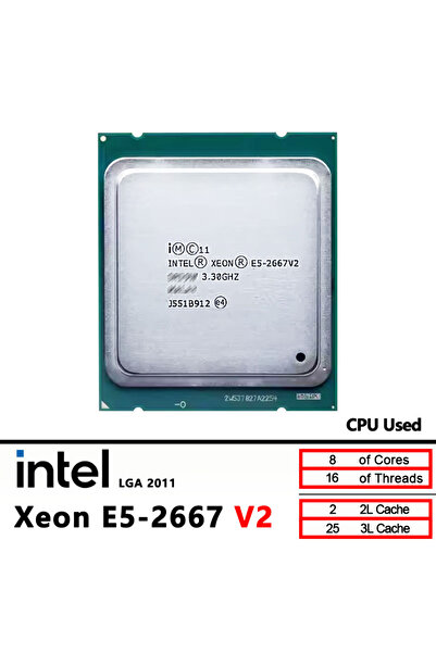 Intel معالج Xeon E5 2667 V2 مستعمل، ثماني النواة، بتردد 3.3 جيجاهرتز، واستهلاك طاقة 130 واط، من إنتاج عام 2011.