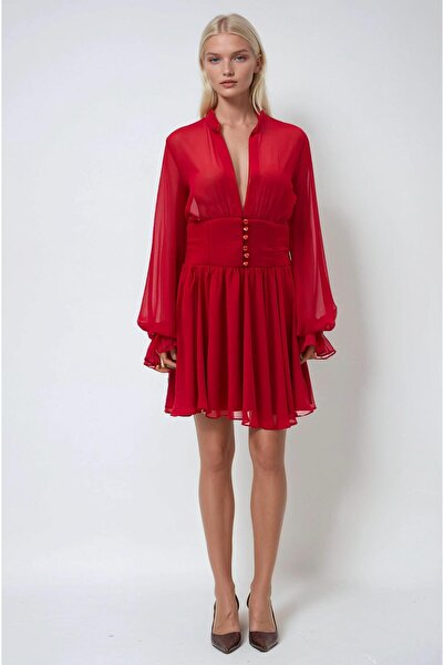 Lijuri Gold Button and Waist Detail Tulle Dress 2932 R3-J-K2