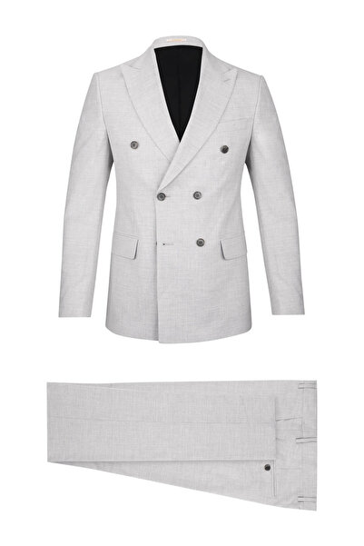 Hatemoğlu Gri Regular Fit Çizgili Kruvaze Klasik Takım Elbise