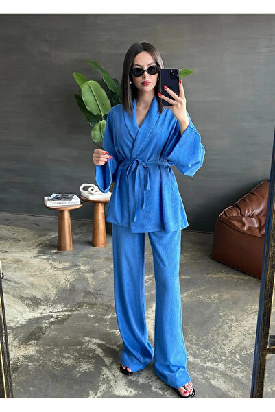 My Blog Blue Shawl Collar Kimono Pants Set - 98655
