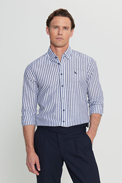 ALTINYILDIZ CLASSICS Men's Navy Blue Linen Slim Fit Slim Fit Concealed Button Collar Striped Shirt
