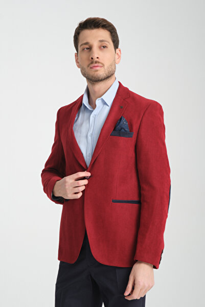 Frappoli Racinos Men's Red Thick Velvet Fabric Elbow Slim Fit Slim Fit Sports Blazer Jacket