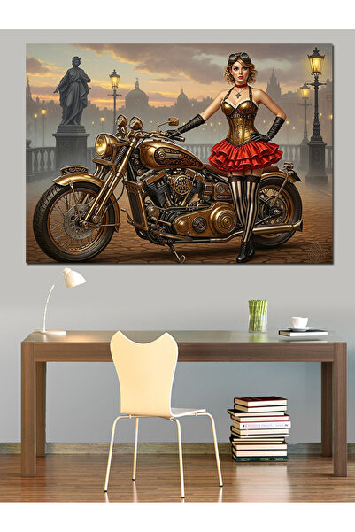 Artmeg Femeie vintage cu soare pe o motocicletă - Pânză decorativă - Masă din...
