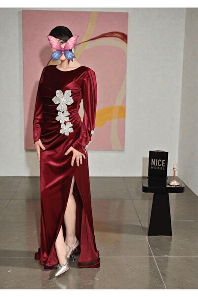 TREN Burgundy Velvet Maxi Dress Long Sleeve Crystal Rose Evening Gown Bodycon Formal Party Occasion