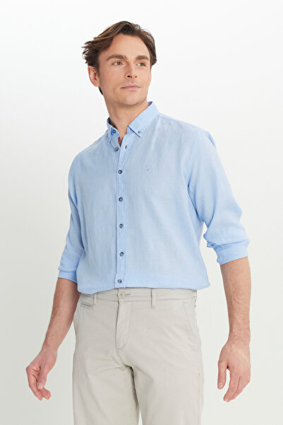 ALTINYILDIZ CLASSICS Мъжка синя риза от 100% лен, с удобна кройка, свободна кройка и яка с копчета