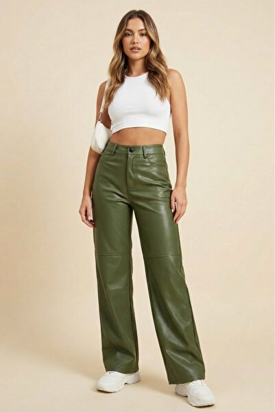 Grenj Fashion Khaki Relaxed Pipe Leg Leather Trousers with Stitching Detail