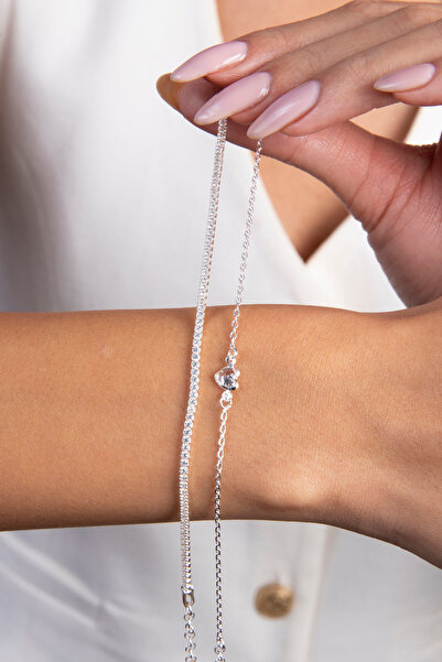 Elika Silver 925 Ayar Gümüş Su Yolu ve Kalp İkili Bileklik / Bileklik Set