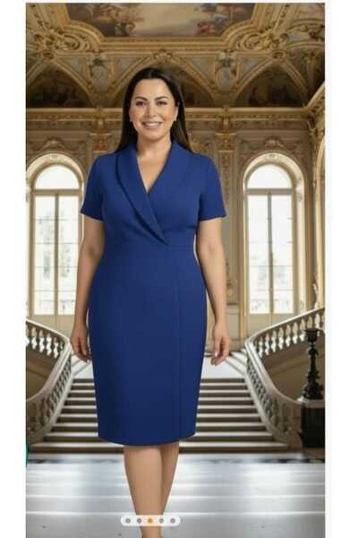 Nidya Moda Kruvaze Yaka Saks Abiye Elbise-4098Sx