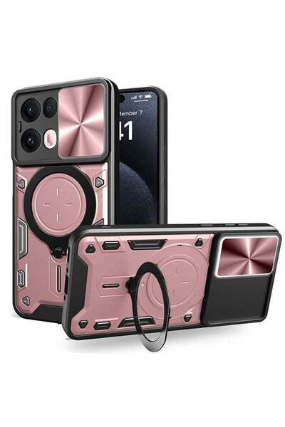 Generic Case for OPPO Reno 13 Pro with Sliding Camera Cover, Kickstand, PC+TPU Dual-Layer, Rose Gold