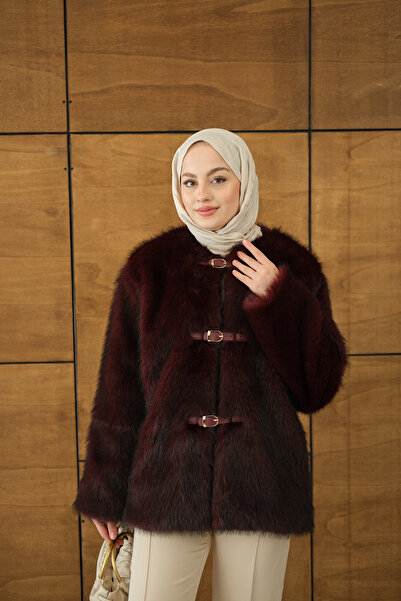 LOCCO Curea din piele pentru femei, haină lungă cu pene, roșu claret