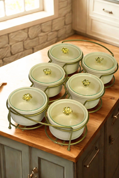 Ahinur Mutfak 6-Piece Round Lid Breakfast Serving Tray Matte Gold Plated