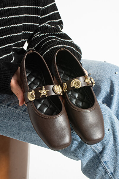 Moda Devrin Жіночі шкіряні коричневі балетки з морською мушлею для дому та вулиці