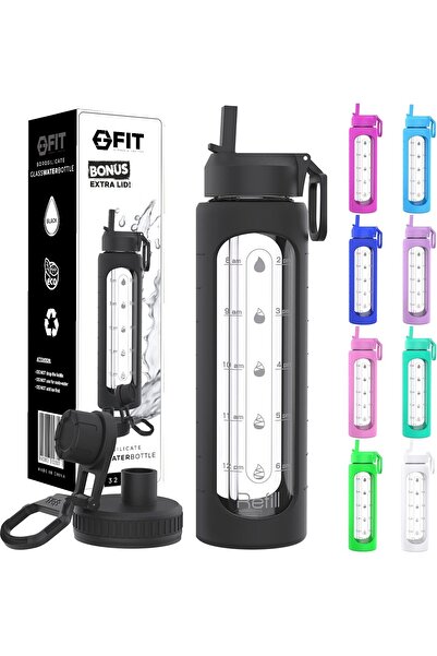 Arabest Strong & Healthy 32 oz Glass Water Bottle with Time Marker and Black Silicone Sleeve - EXTRA LID