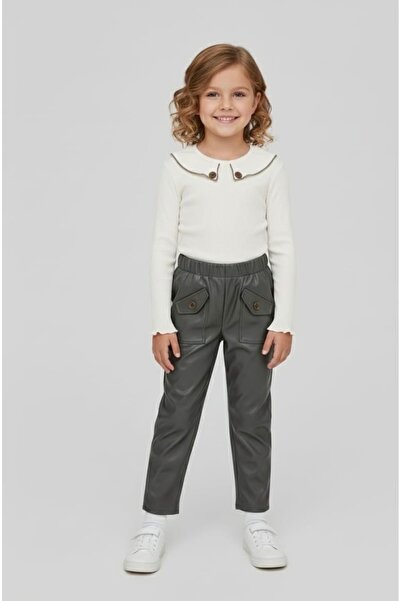 asyagiyimavm25 Kız Çocuk Deri Görünümlü Pantolon ve Bebe Yaka Fitilli Merseri...