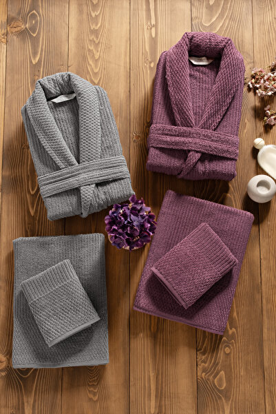 Mürdüm Home Sare 6 Piece Family Bathrobe Set - 100% Cotton, Luxury, Jacquard Bathrobe Set, Gift, Dowry