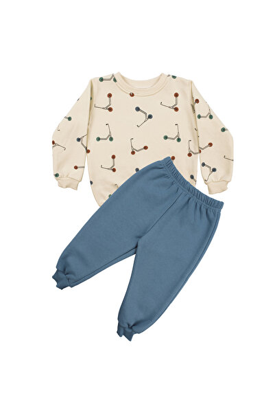 bebegen Scooter pentru băieți, culoare albastru ecru, cu imprimeu trei șiruri, set de 2