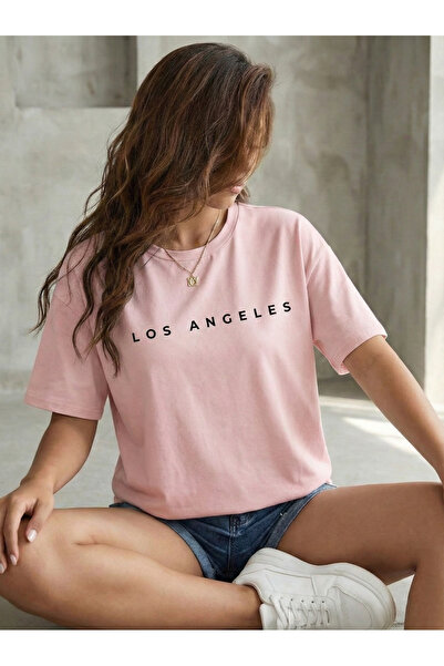 BUWOM تي شيرت نسائي من LosAngeles مطبوع برقبة دائرية