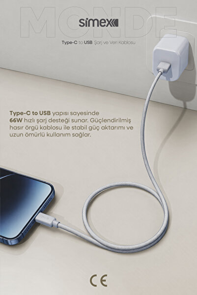 Simex 66W USB to Type-C Süper Hızlı Şarj Kablosu - Samsung, Huawei, Honor, Vivo, Uyumlu Gri, 1 Metre
