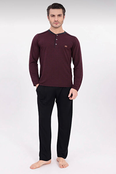 Pelin Men's Long Sleeve Placketed Thin 50% Cotton 50% Modal Pajama Set-Burgundy Black-6332