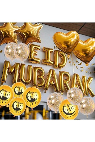 Beauenty Gold Eid Mubarak Balloon Banner with Heart shape Star Shape Foil Bal...