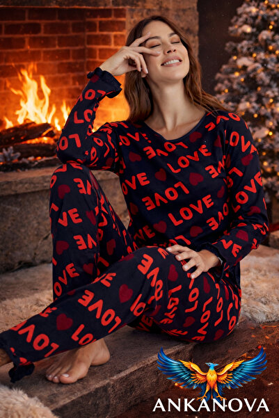 ANKANOVA Women's Winter Cotton Love Printed Navy Blue Color Stylish Pajama Set with Ruffle Detail on the Leg Part Home Wear