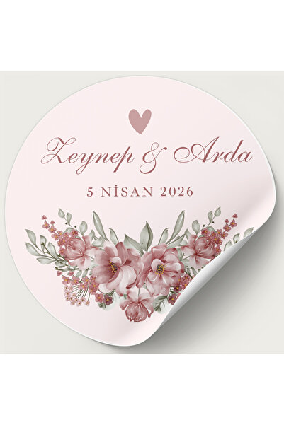 YAPIŞKAN STORE Hediyelik Sticker Etiket Düğün Nişan Kına 24 adet 4 cm yuvarlak çiçek ve pembe desenli