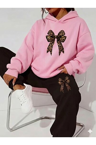 PENTHİLUS بدلة رياضية أنيقة بنقشة الفهد. طقم رياضي كبير الحجم - مبطن بالصوف خ...