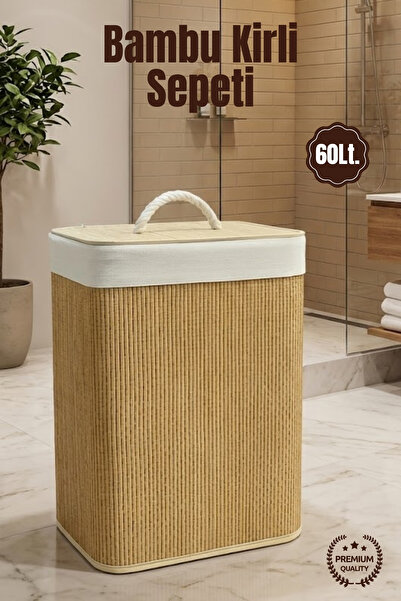 Nandy Home 60Lt. Dikdörtgen Bambu Çamaşır Sepeti - Doğal Görünüm Kirli Sepeti