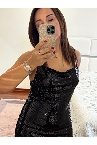 inmuse فستان طويل أسود مطرز بالترتر