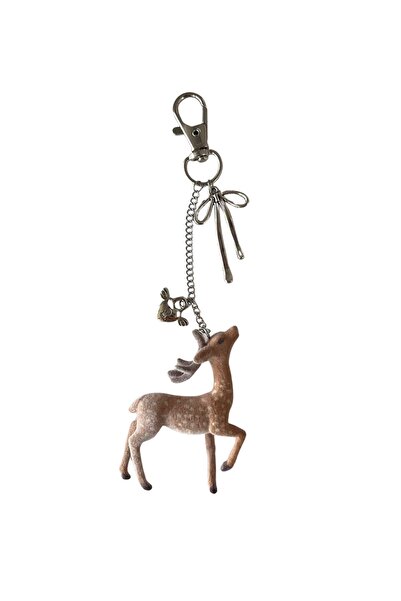 coquette butik Coquette Tarzı Kadife Dokulu Geyik Anahtarlık - Gümüş Fiyonk D...