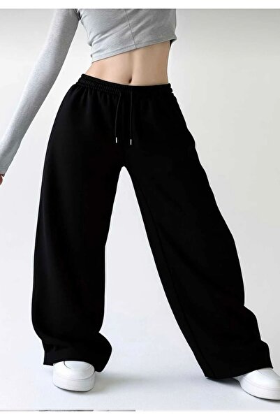 GERLAY Kadın siyah rahat kalıp bagy düz paça eşofman altı