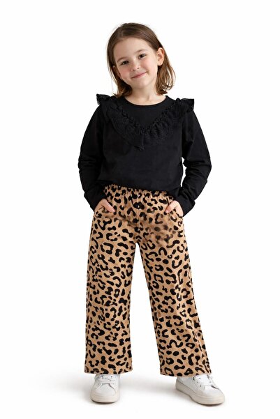 RAPAPA Комплект за момичета с черна блуза с волани и панталони с леопардов принт –13312