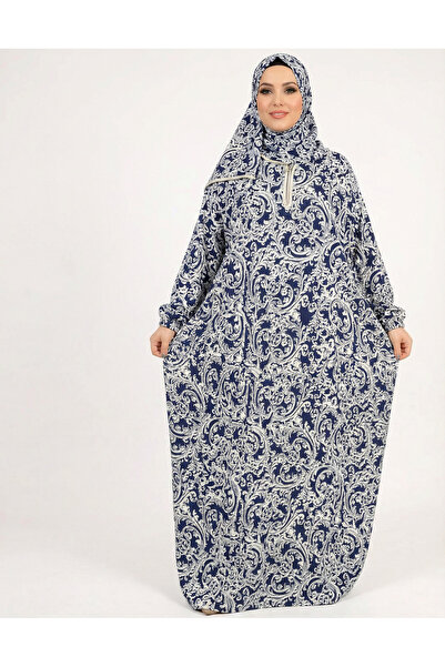 Nice Model عباية بغطاء رأس باللون الأزرق الداكن بنقشة مخطوطات باروكية، مقاسات كبيرة، فستان ماكسي محتشم للمسلمات، بنقشة بيضاء