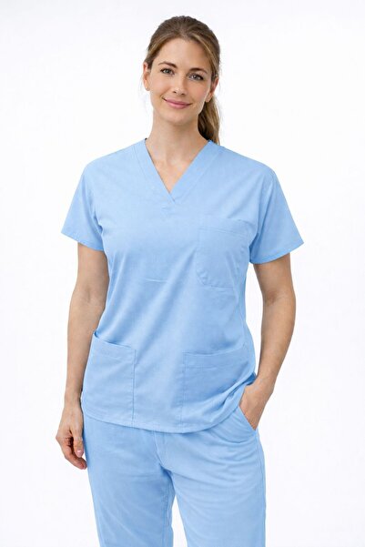 SKORMED Unisex Blue Medical Uniform Set – Flexible Fabric, V-Neck, Nurse & Doctor Uniform with Pockets