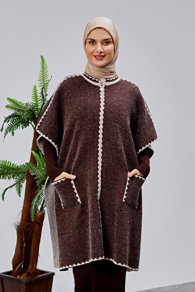 CNR TEKSTİL Beard Mixed Patterned Knitted Poncho