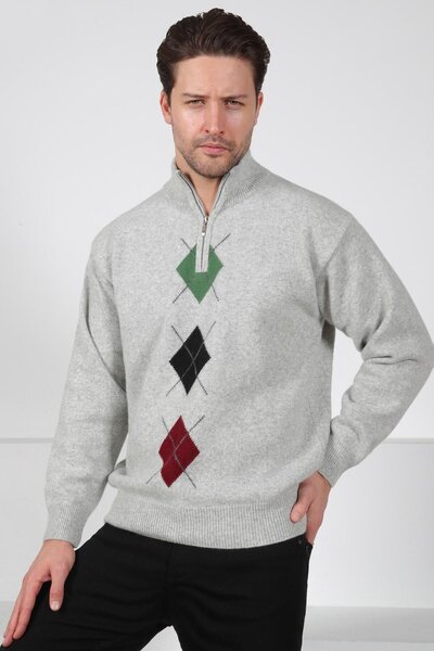 Ferraro Pulover pentru bărbați, 100% lână de miel, cu fermoar, gri/verde, cu ...