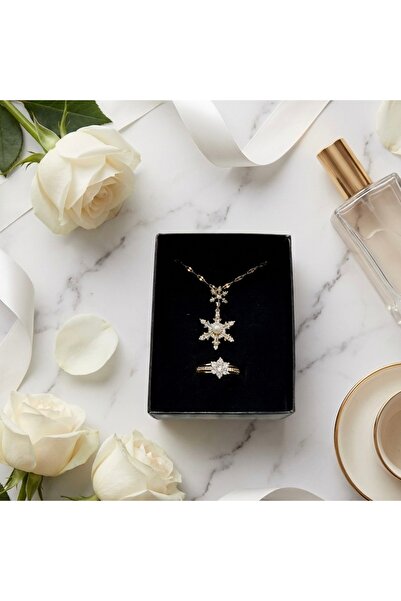 YZbuy Kar Tanesi Detaylı Kadın Takı Seti – Kolye + Yüzük, Zirkon Taşlı, Altın...